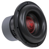 Angled front view of an Audiopipe subwoofer with a red AP logo cap and broad black surround