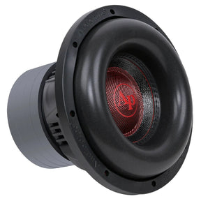 Angled front view of an Audiopipe subwoofer with a red AP logo cap and broad black surround