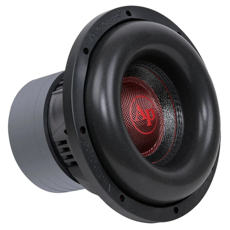 Angled front view of an Audiopipe subwoofer with a red AP logo cap and broad black surround