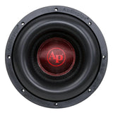 Front view of an Audiopipe subwoofer with a red AP logo cap and broad black surround