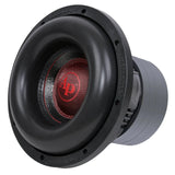 Angled Audiopipe subwoofer with a wide black surround, red-patterned center and stacked gray magnet