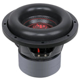 Audiopipe subwoofer angled side view showing its deep surround, basket, terminals and stacked magnet