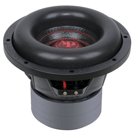 Audiopipe subwoofer angled side view showing its deep surround, basket, terminals and stacked magnet