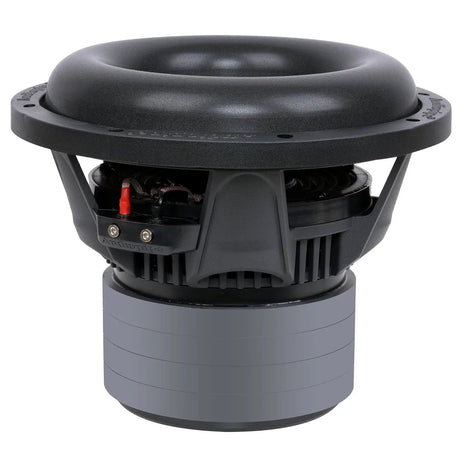 Side angle of an Audiopipe subwoofer showing its tall magnet housing, basket and terminal block