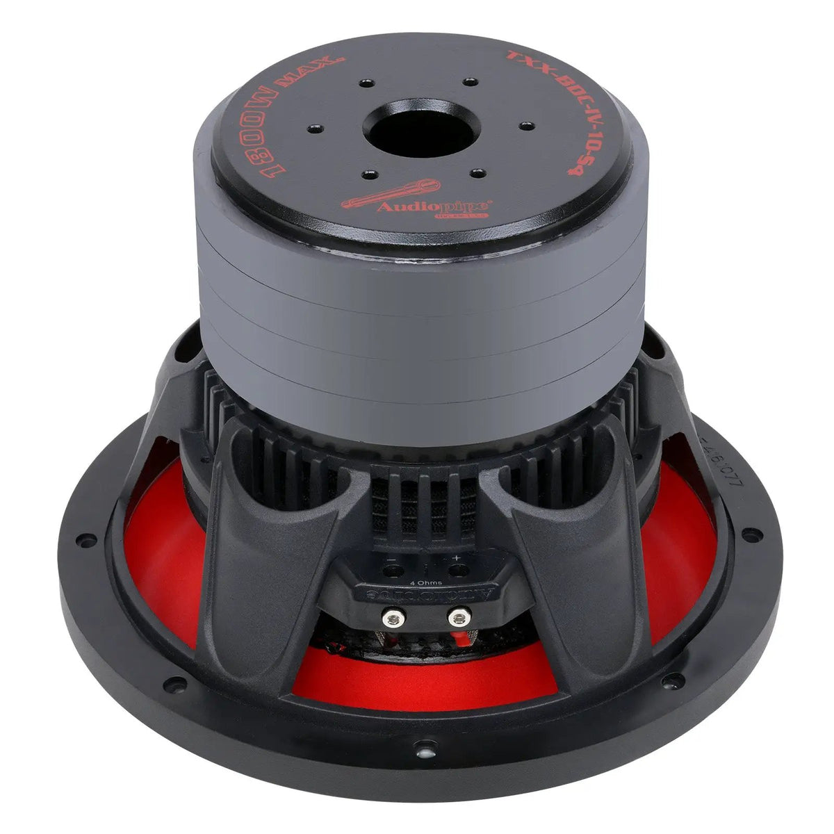 Rear angled view of an Audiopipe subwoofer showing its labeled magnet, basket and terminal block