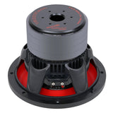 Rear angled view of an Audiopipe subwoofer showing its labeled magnet, basket and terminal block