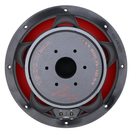 Rear view of an Audiopipe subwoofer showing its red magnet label and screw terminals