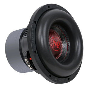 Audiopipe subwoofer with a broad black surround and red center logo, angled view