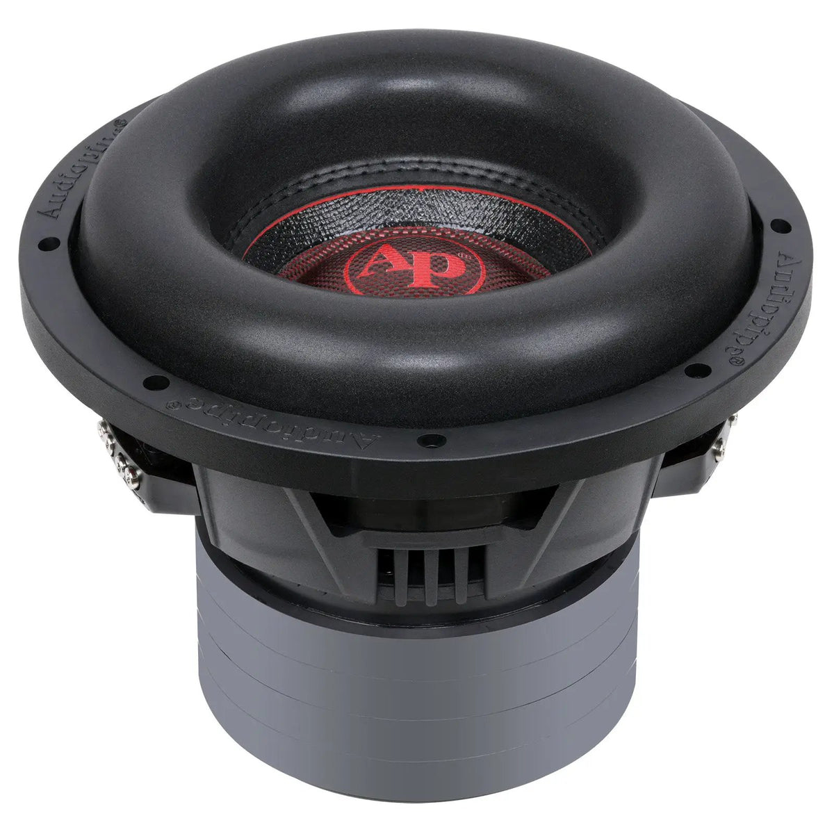 Raised front angle of an Audiopipe subwoofer showing its red logo cap, basket and tall magnet housing