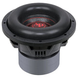 Raised front angle of an Audiopipe subwoofer showing its red logo cap, basket and tall magnet housing