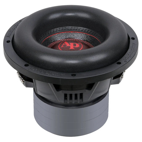 Raised front angle of an Audiopipe subwoofer showing its red logo cap, basket and tall magnet housing