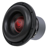 Angled front view of an Audiopipe subwoofer with a red AP logo cap and broad black surround