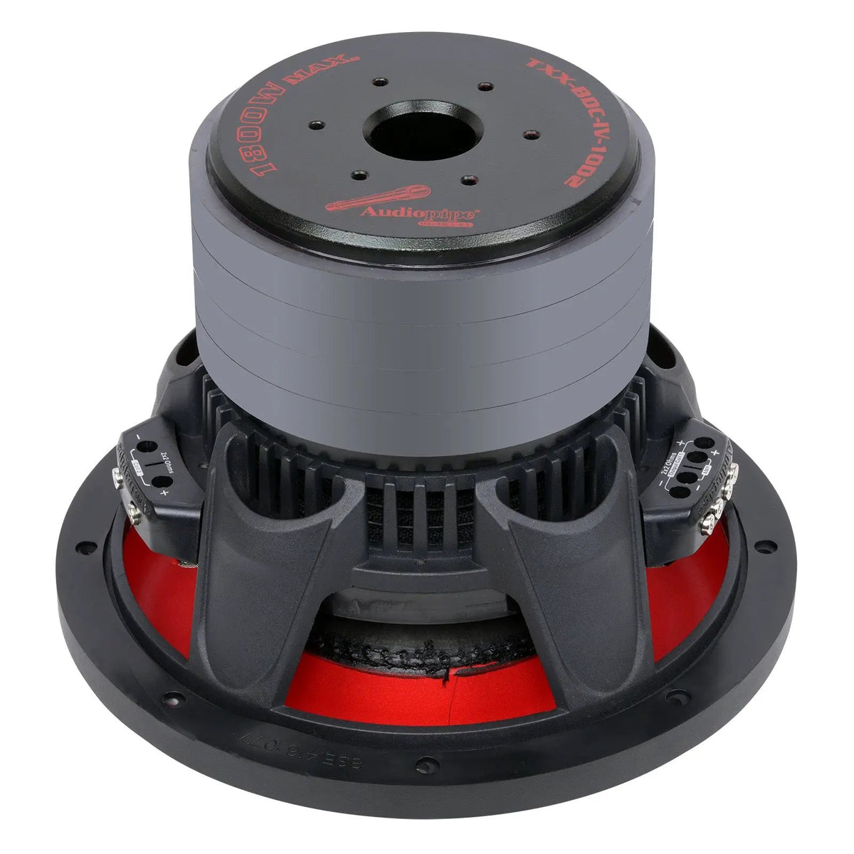 Audiopipe subwoofer rear angled view showing its stacked magnet, vented basket and red suspension