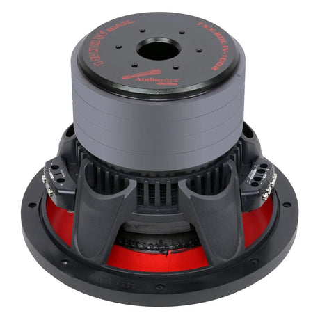 Audiopipe subwoofer rear angled view showing its stacked magnet, vented basket and red suspension