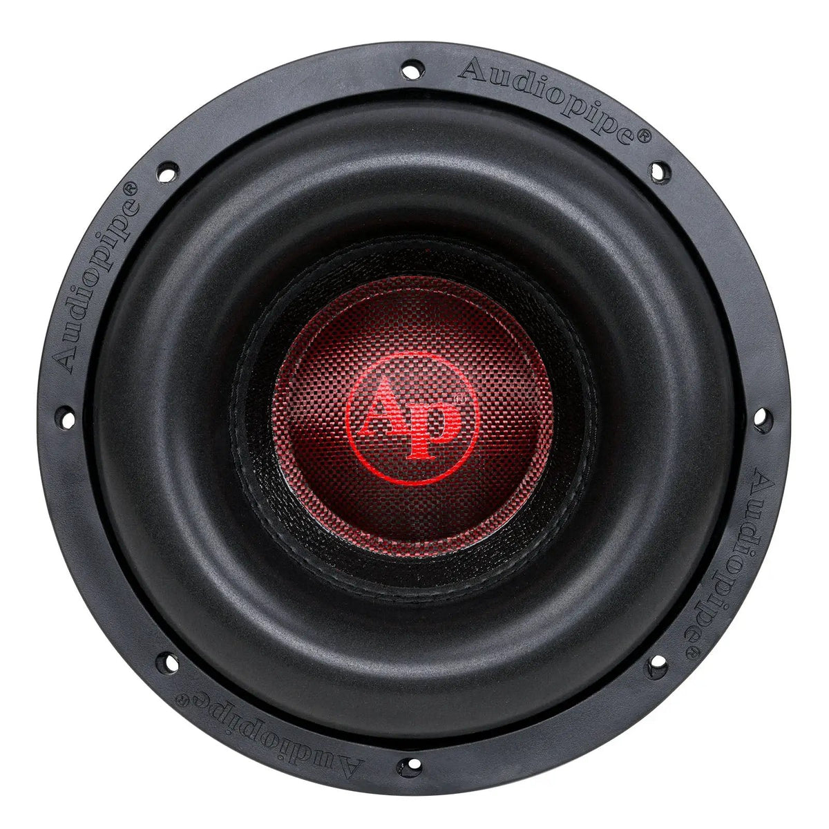 Front view of an Audiopipe subwoofer with a red AP logo cap and broad black surround