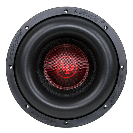 Front view of an Audiopipe subwoofer with a red AP logo cap and broad black surround