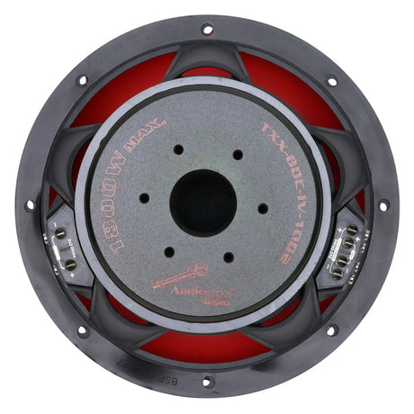 Rear of Audiopipe TXX-BDC-IV-10D2 subwoofer with labeled magnet and dual 2-ohm terminals