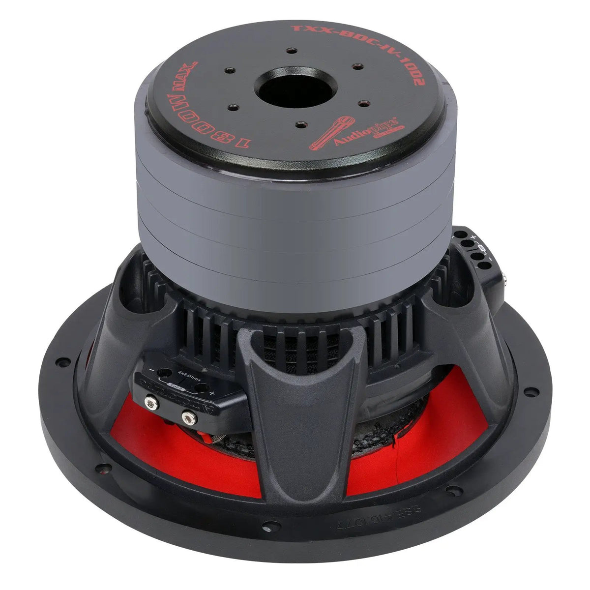 Rear angled view of an Audiopipe TXX-BDC-IV-10D2 subwoofer showing its labeled magnet and 2×2-ohm terminal blocks