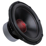 Angled front view of an Audiopipe subwoofer with a red AP logo cap, broad surround and tall magnet housing