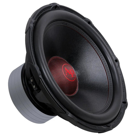 Angled front view of an Audiopipe subwoofer with a red AP logo cap, broad surround and tall magnet housing
