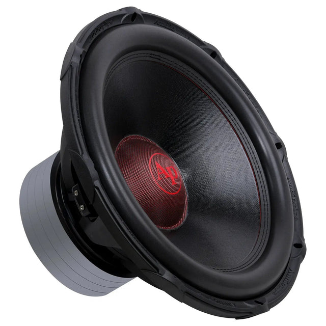 Angled front view of an Audiopipe subwoofer with a red AP logo cap, broad surround and tall magnet housing