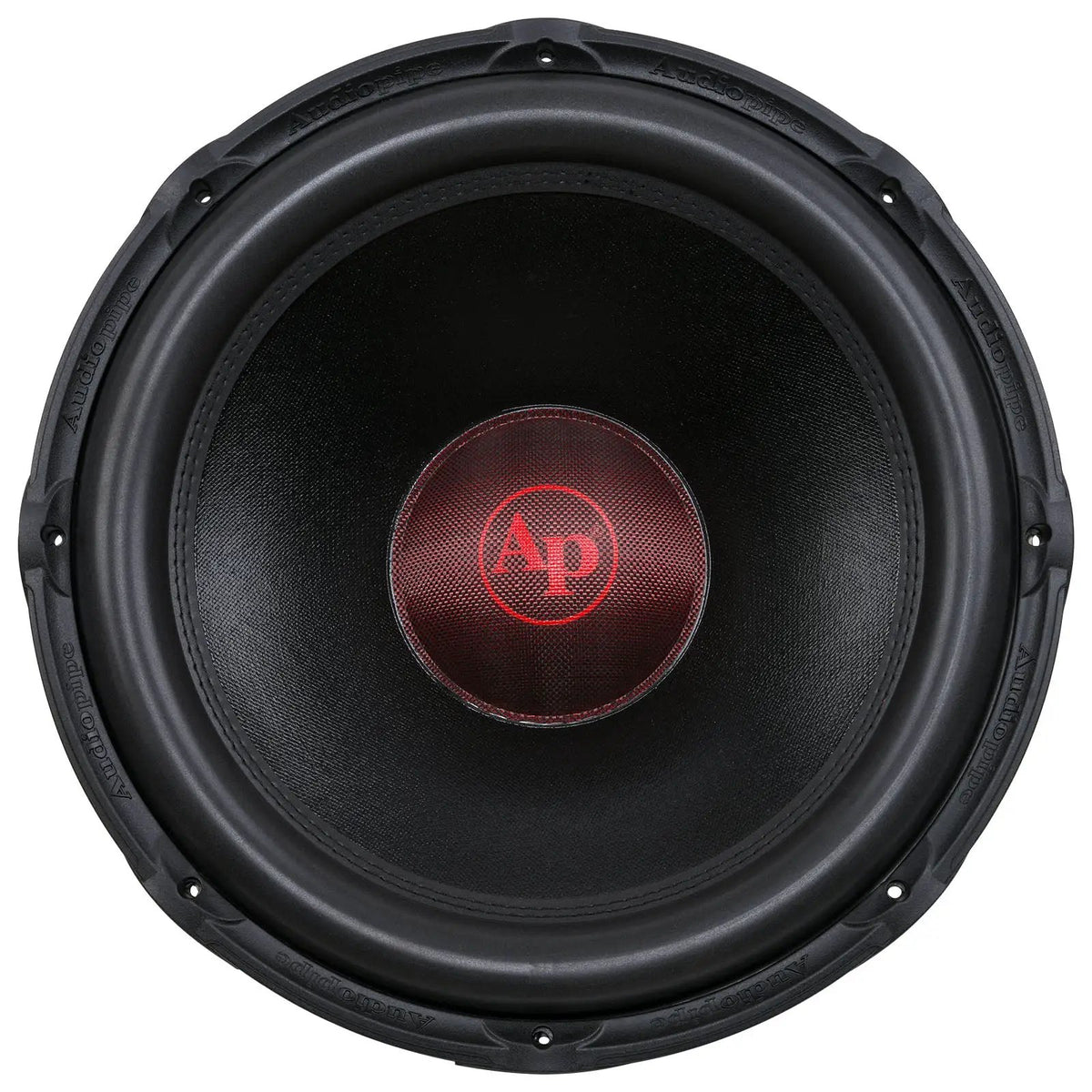 Front view of a black subwoofer with a thick surround and red AP logo on its center cap