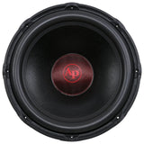 Front view of a black subwoofer with a thick surround and red AP logo on its center cap
