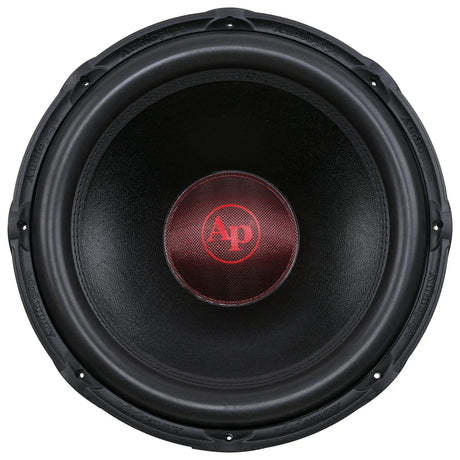 Front view of a black subwoofer with a thick surround and red AP logo on its center cap