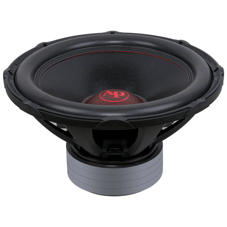Angled view of a black subwoofer showing its red AP logo, deep basket and stacked gray magnet