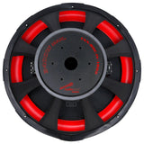 Rear view of an Audiopipe TXX-BDC-IV-18D2 subwoofer with 3400W MAX marking and red trim