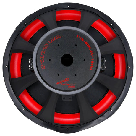 Rear view of an Audiopipe TXX-BDC-IV-18D2 subwoofer with 3400W MAX marking and red trim