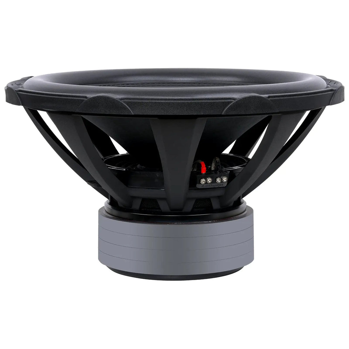 Side of Audiopipe subwoofer showing its stacked magnet and open black basket