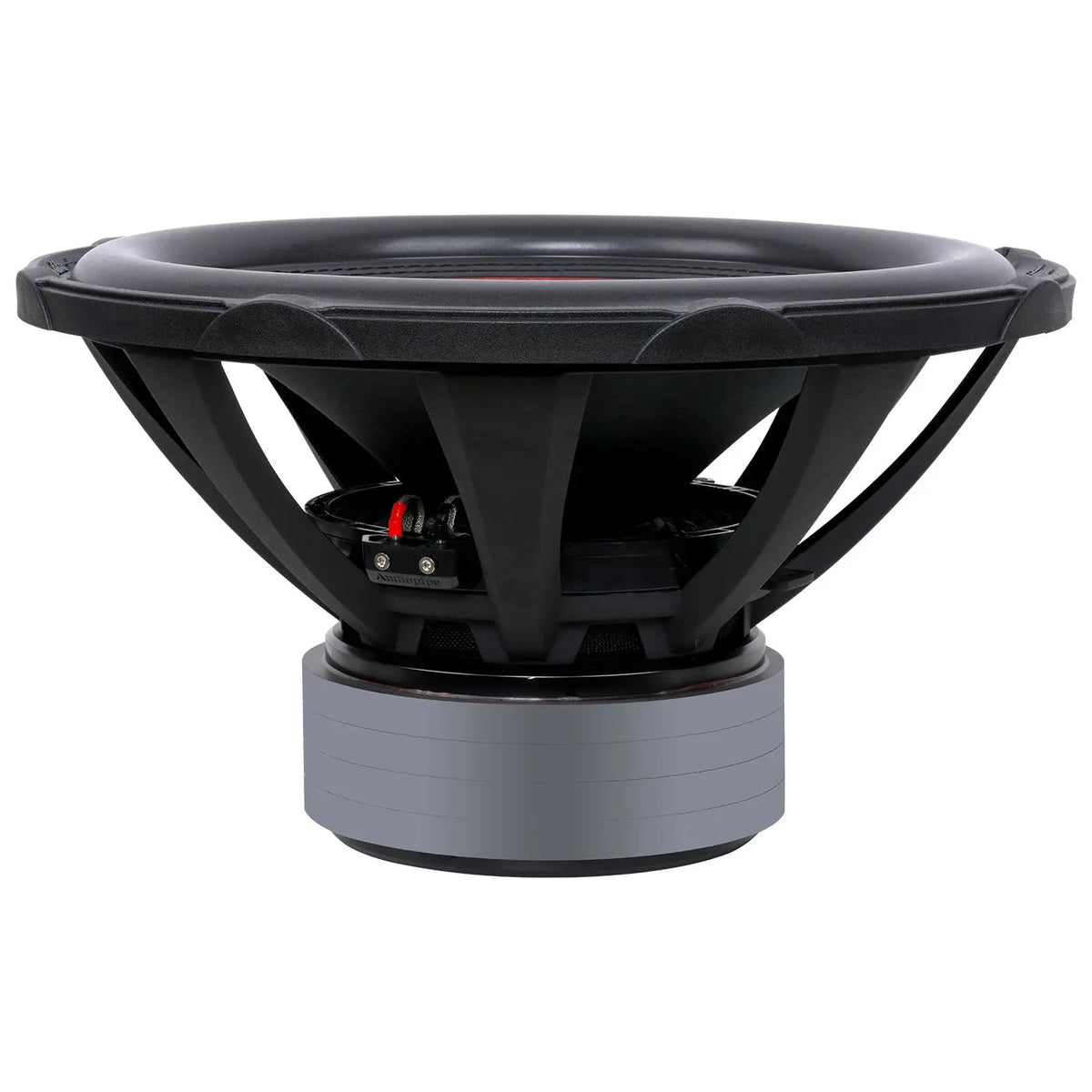 Side angled view of a black subwoofer showing its deep basket, terminal block and stacked gray magnet