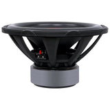 Side angled view of a black subwoofer showing its deep basket, terminal block and stacked gray magnet