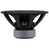Side view of a black subwoofer with a terminal block centered between its basket supports