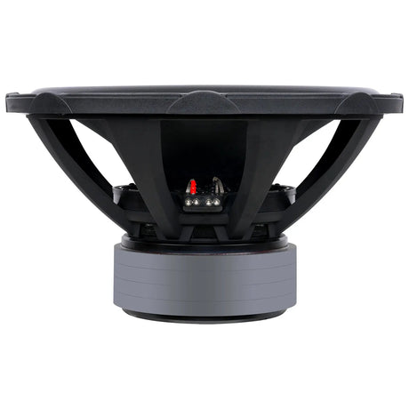 Side view of a black subwoofer with a terminal block centered between its basket supports