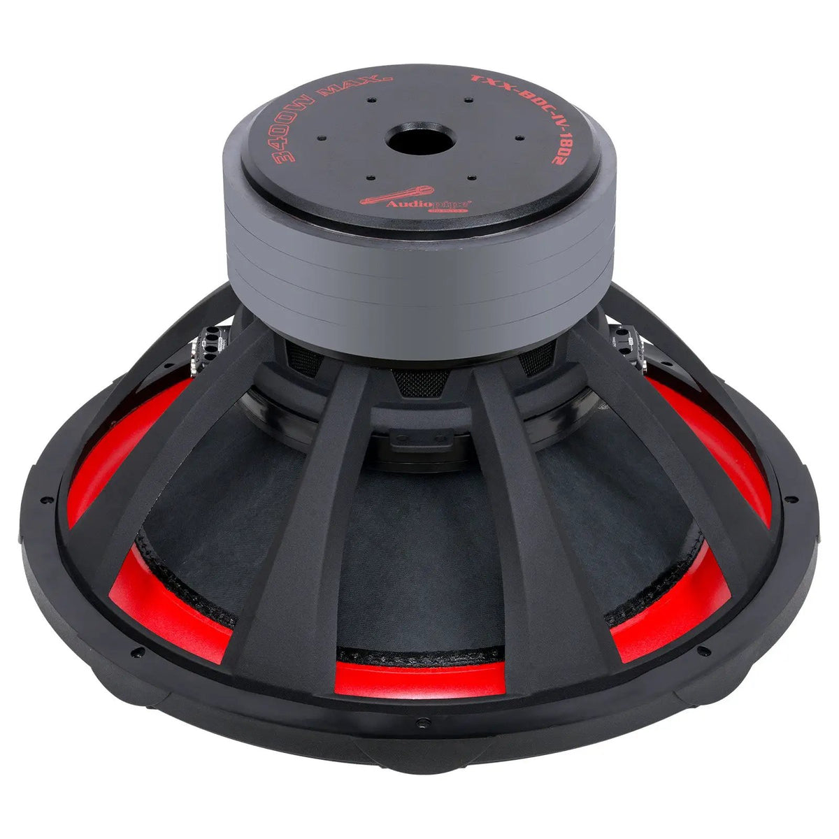 Rear angled view of an Audiopipe TXX-BDC-IV-18D2 subwoofer showing its vented magnet and open basket