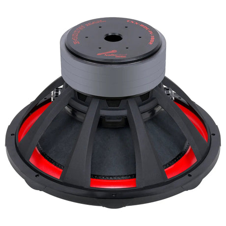 Rear angled view of an Audiopipe TXX-BDC-IV-18D2 subwoofer showing its vented magnet and open basket
