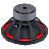 Angled rear view of Audiopipe subwoofer with red suspension and labeled magnet