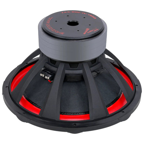 Angled rear view of Audiopipe subwoofer with red suspension and labeled magnet