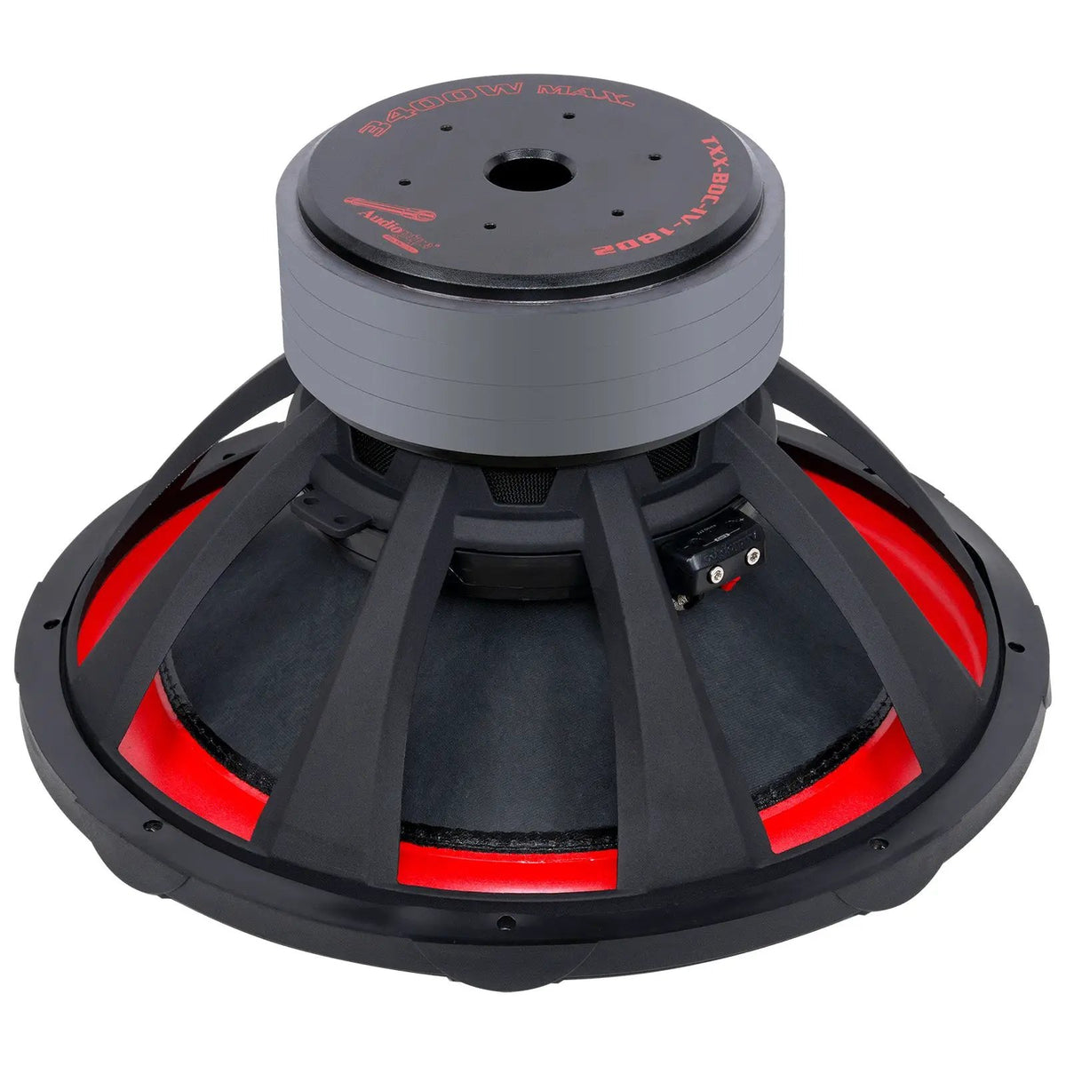 Opposite rear angled view of an Audiopipe TXX-BDC-IV-18D2 subwoofer showing its magnet and terminal block