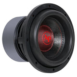 Angled front view of an Audiopipe subwoofer with a red AP logo cap and broad black surround