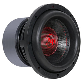 Angled front view of an Audiopipe subwoofer with a red AP logo cap and broad black surround
