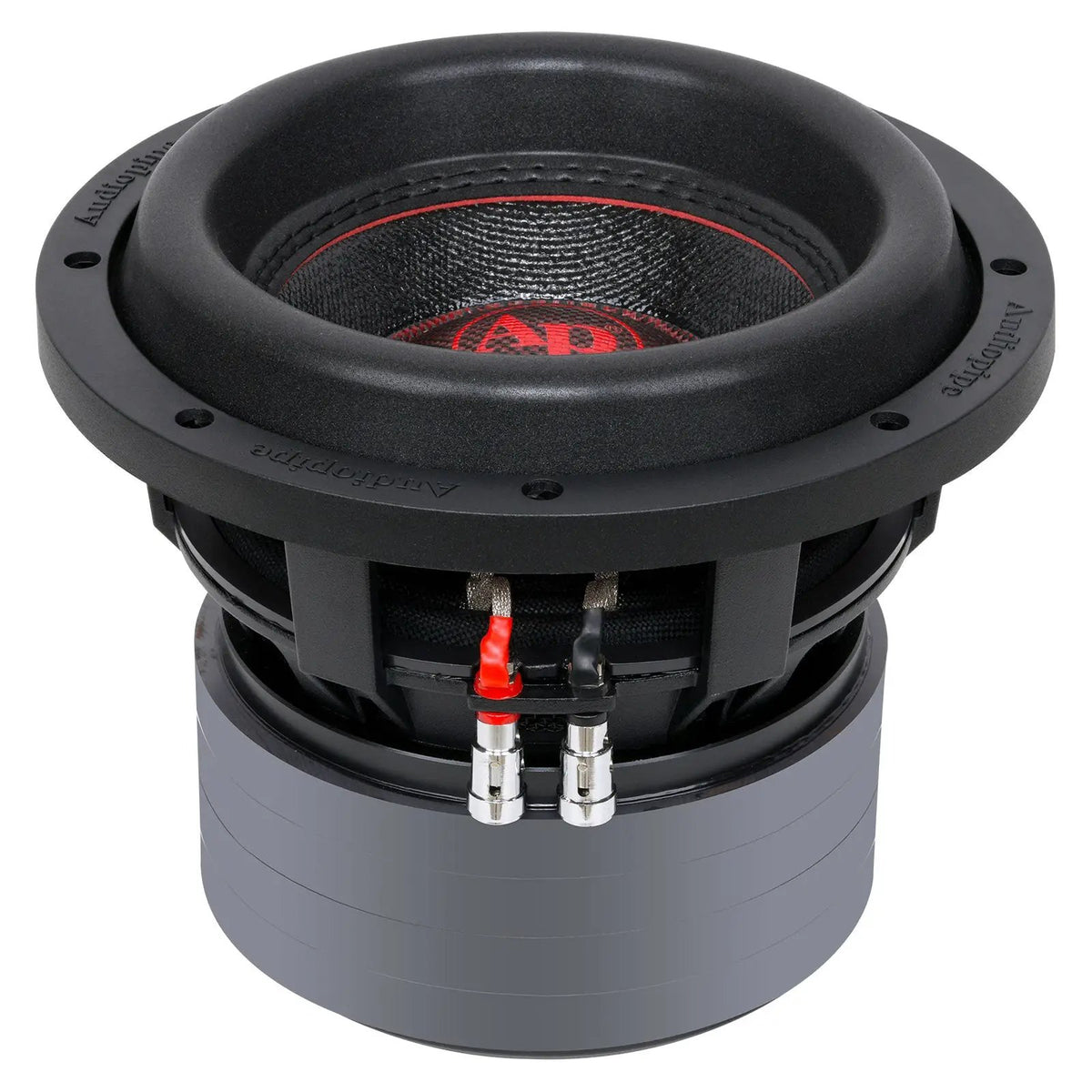 Raised front angle of an Audiopipe subwoofer showing its red logo cap, basket and red-and-black terminals