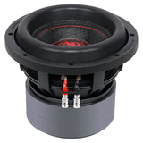 Raised front angle of an Audiopipe subwoofer showing its red logo cap, basket and red-and-black terminals