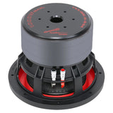 Rear angled view of an Audiopipe TXX-BDC-IV-8-S4 subwoofer showing its labeled magnet and red-and-black terminals