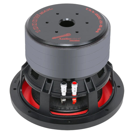 Rear angled view of an Audiopipe TXX-BDC-IV-8-S4 subwoofer showing its labeled magnet and red-and-black terminals