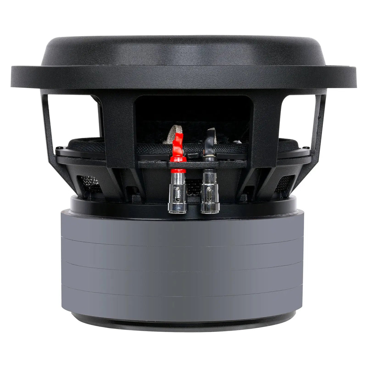 Side profile of an Audiopipe subwoofer showing its tall magnet housing and two terminals