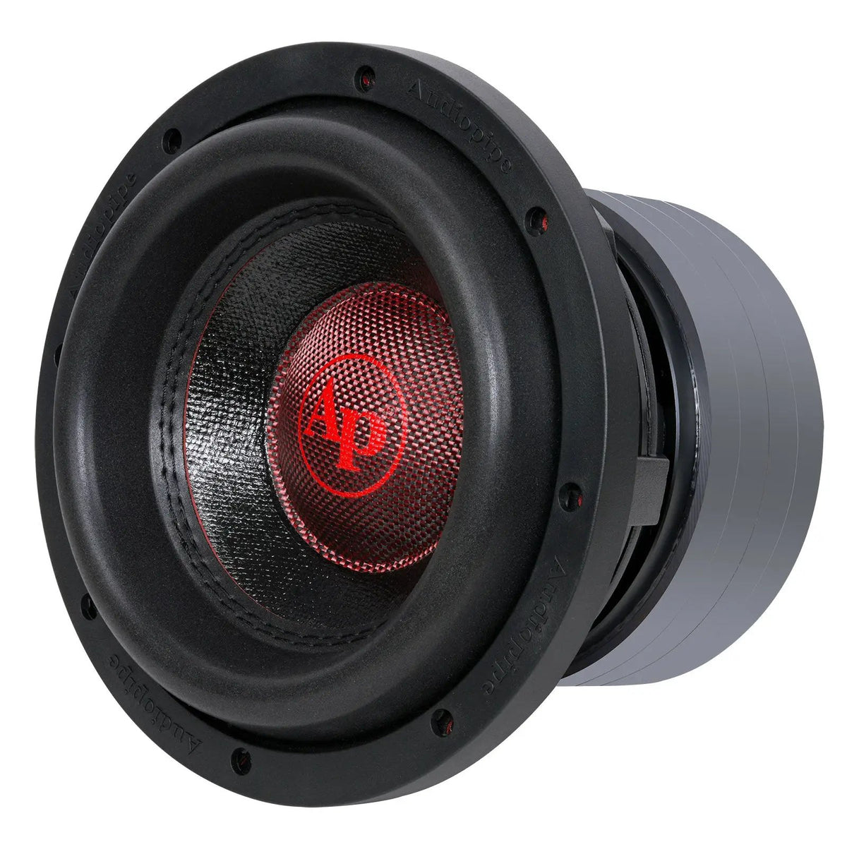 Angled Audiopipe subwoofer with a red patterned center cap and large stacked magnet assembly