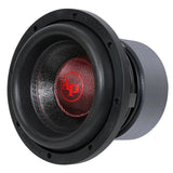 Angled Audiopipe subwoofer with a red patterned center cap and large stacked magnet assembly